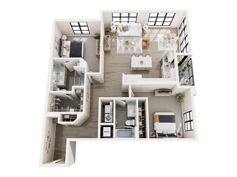 A top down view of a modern apartment with a kitchen, living room, and bedrooms.